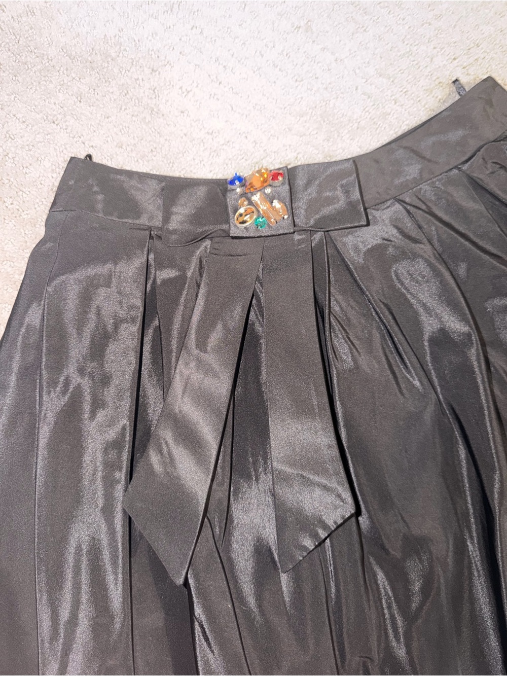 Satin Pleated Maxi Skirt in Black with Jewel Accent